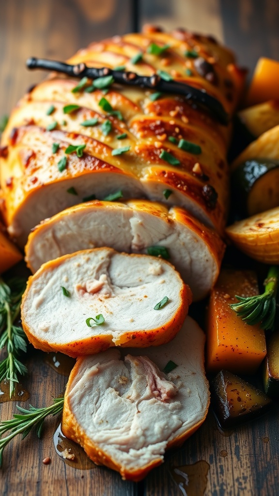 Sliced roasted pork tenderloin garnished with herbs, served with roasted vegetables on a wooden table.